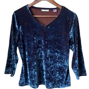 Vintage Russ Berens Crushed Velvet Top Blue Long Sleeve Y2K Jewel Tone
